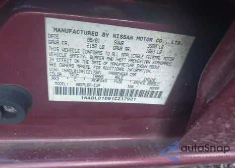 2001 Nissan Altima Gxe из США, поврежденный, VIN 1N4DL01D91C217921